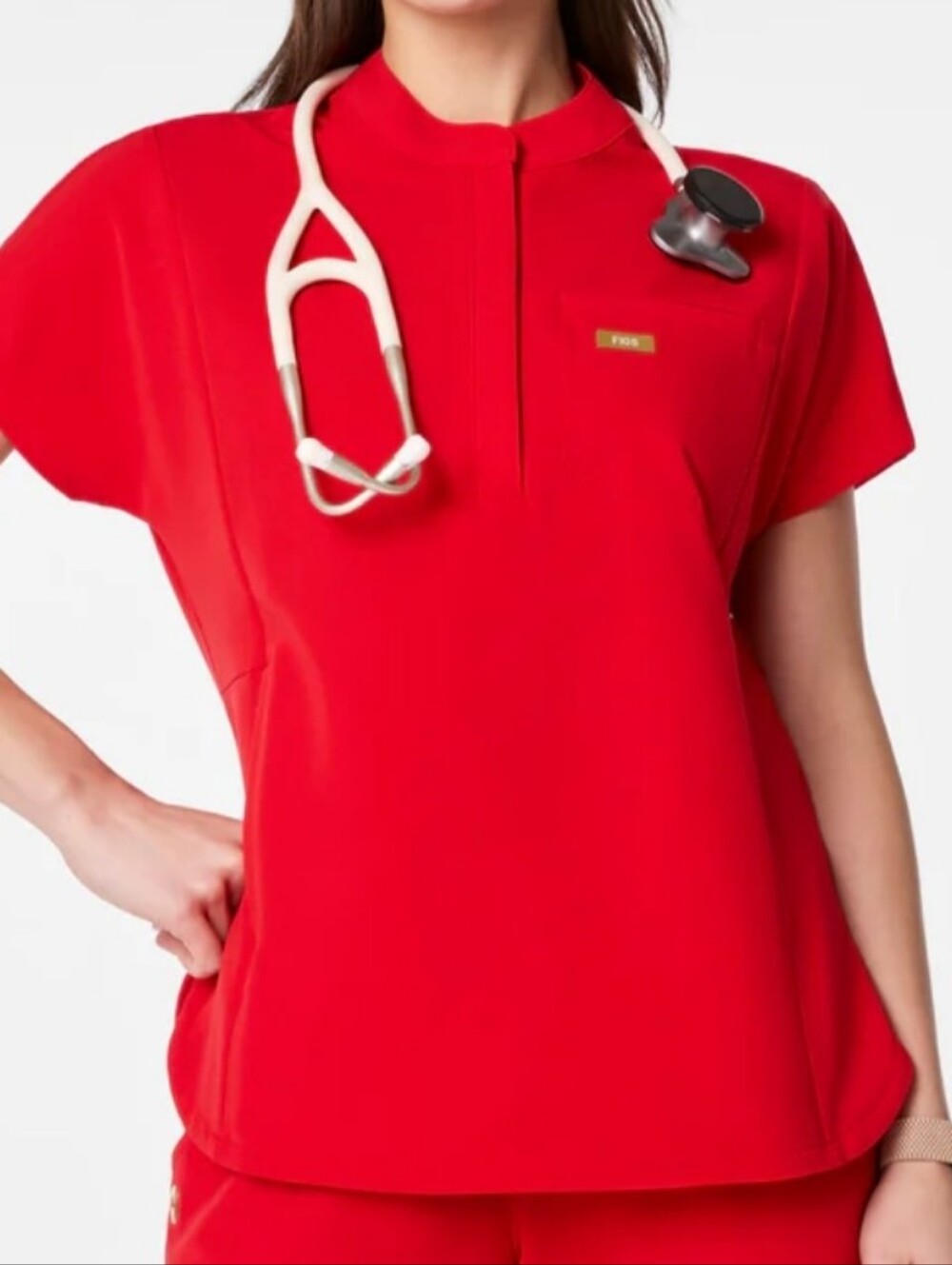 FIGS Pop Red Montex Relaxed Mock Neck Scrub Top, Small